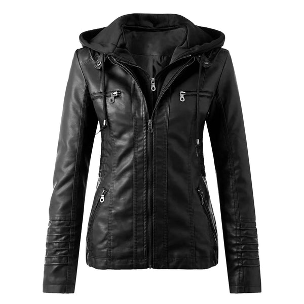 Veste Moto Femme PU Cuir À Capuche Fermeture Éclair - LSDLBoutique