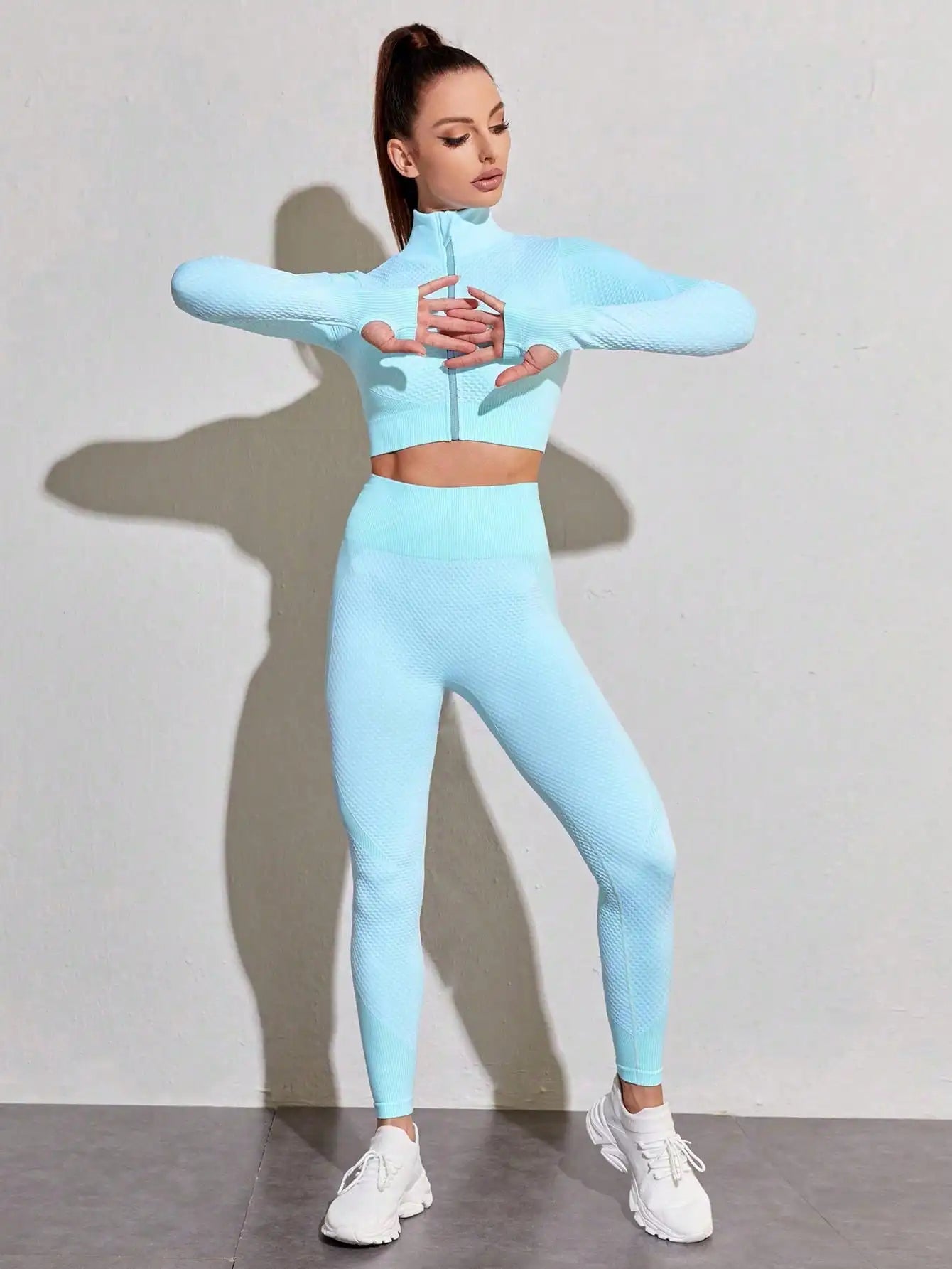 Ensemble Yoga Sans Couture Femme Haut Court Leggings Taille Haute Bleu