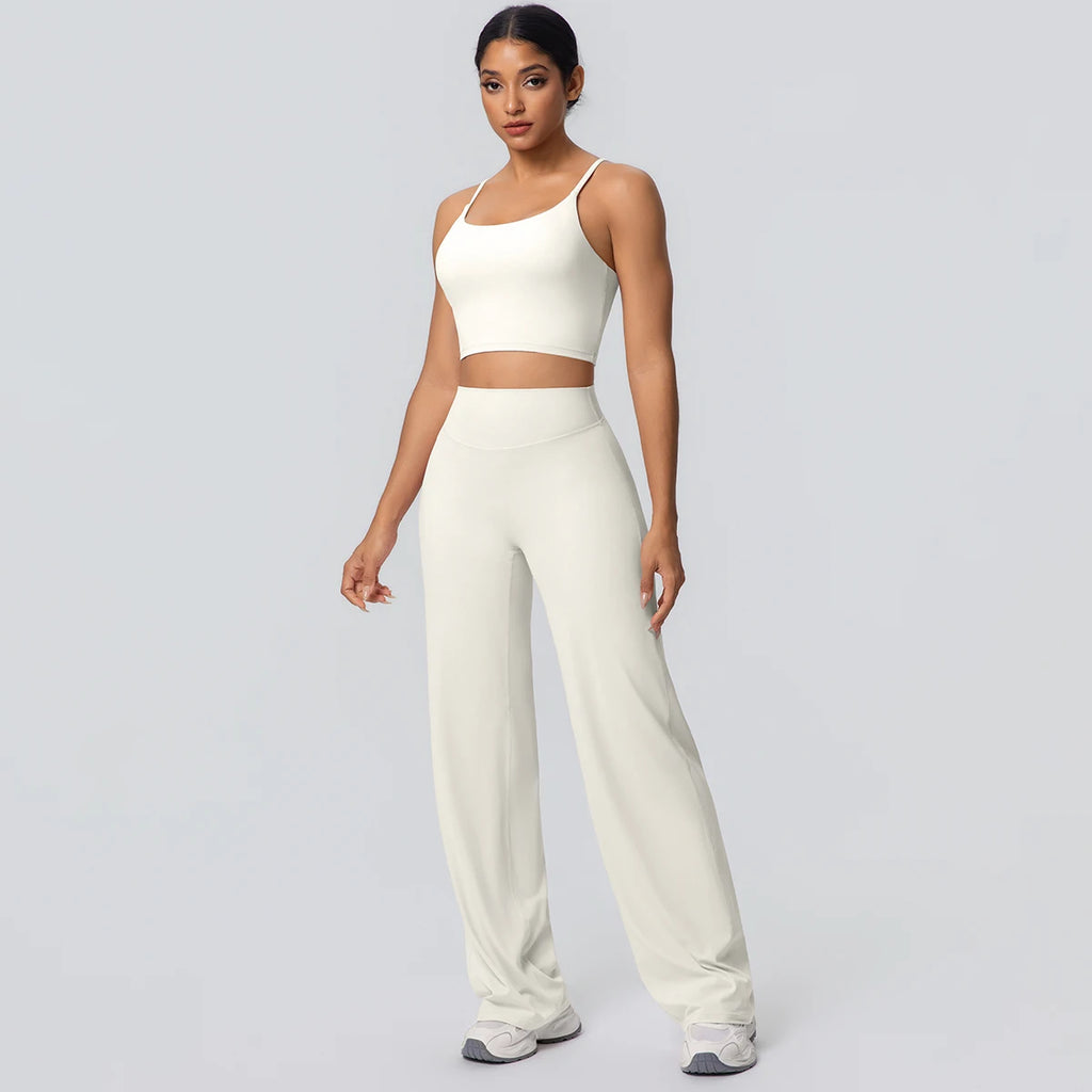 Ensemble Sport Femme Bleu Clair Dos Nu Bretelles Pantalon Taille Haute