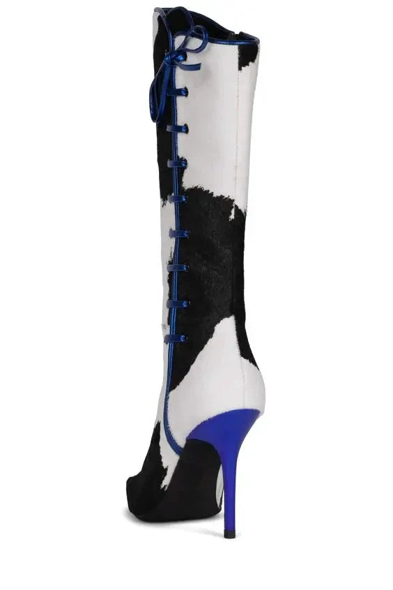 Bottes Mi-Mollet Cuir Blanc Noir Zip Latéral Bleu