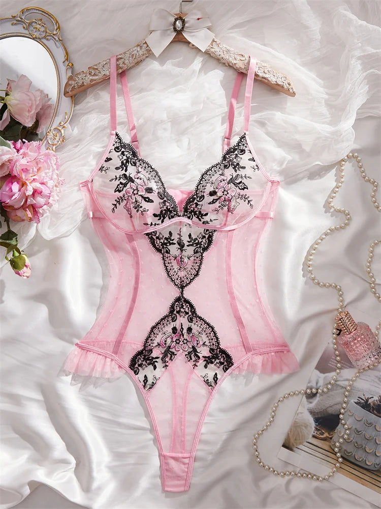 Body lingerie rose brodé fleuri – Mesh amincissant sans manches