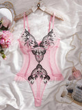 Body lingerie rose brodé fleuri – Mesh amincissant sans manches