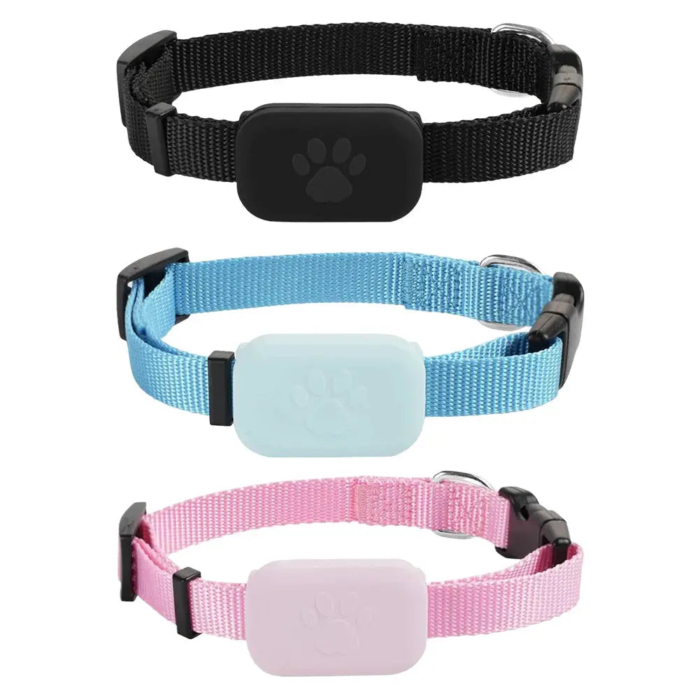 Traceur GPS pour animaux de compagnie – 3 colliers réglables noir, bleu clair et rose avec plaque en forme de patte