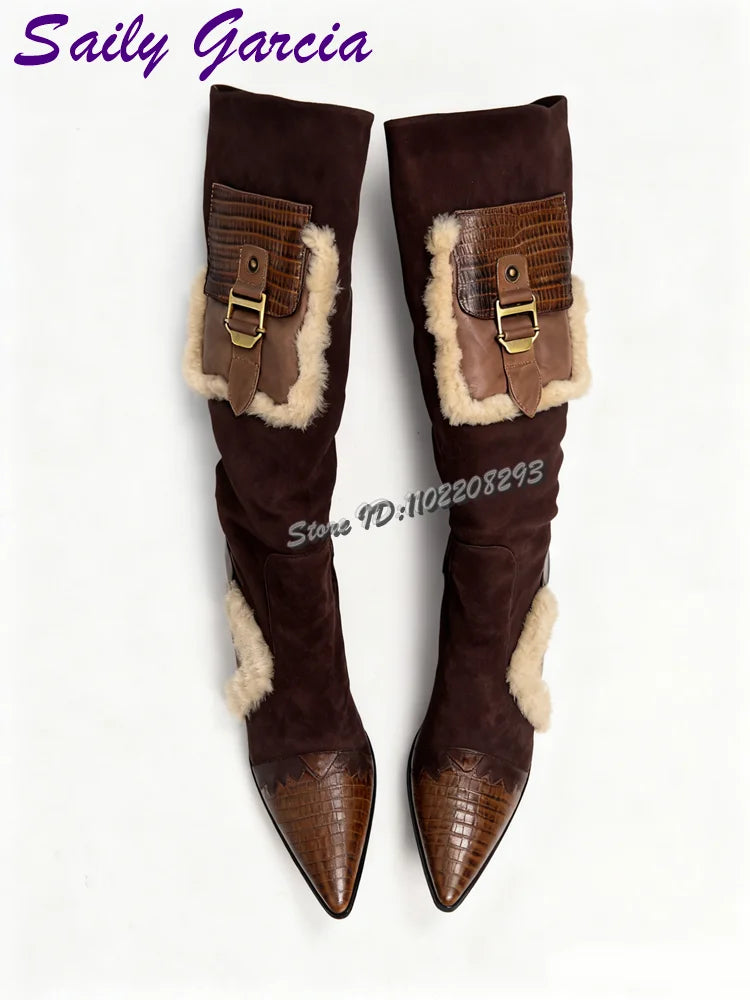 Saily Garcia Bottes Hautes Marron Patchwork Fourrure Bout Pointu Talon Aigu