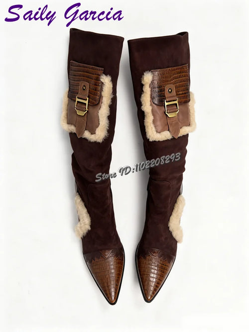 Saily Garcia Bottes Hautes Marron Patchwork Fourrure Bout Pointu Talon Aigu