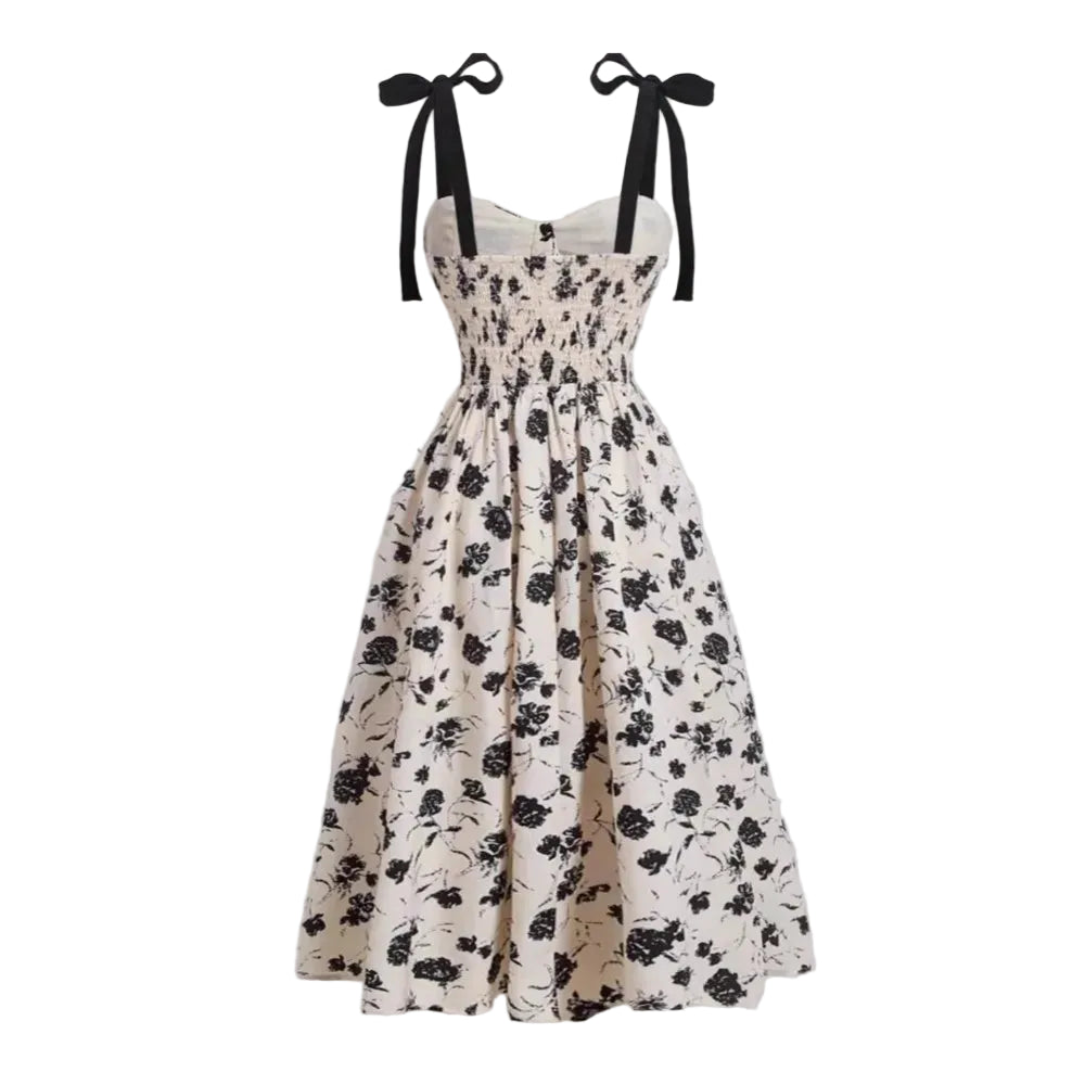 Robe mi-mollet à bretelles fines imprimé floral, fond crème, nœuds noirs, LSDLBoutique