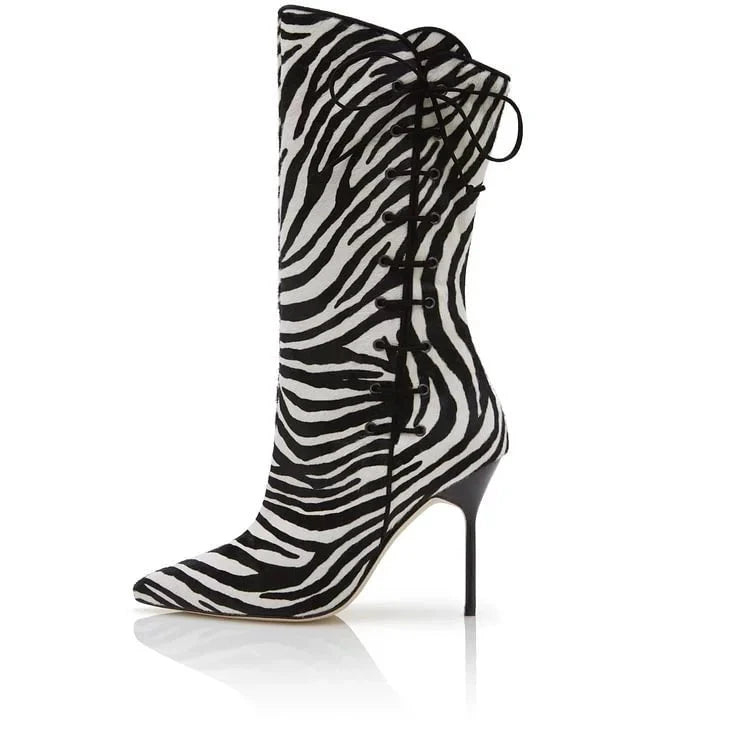 Bottes Mi-Mollet Cuir Blanc Noir Zip Latéral Bleu