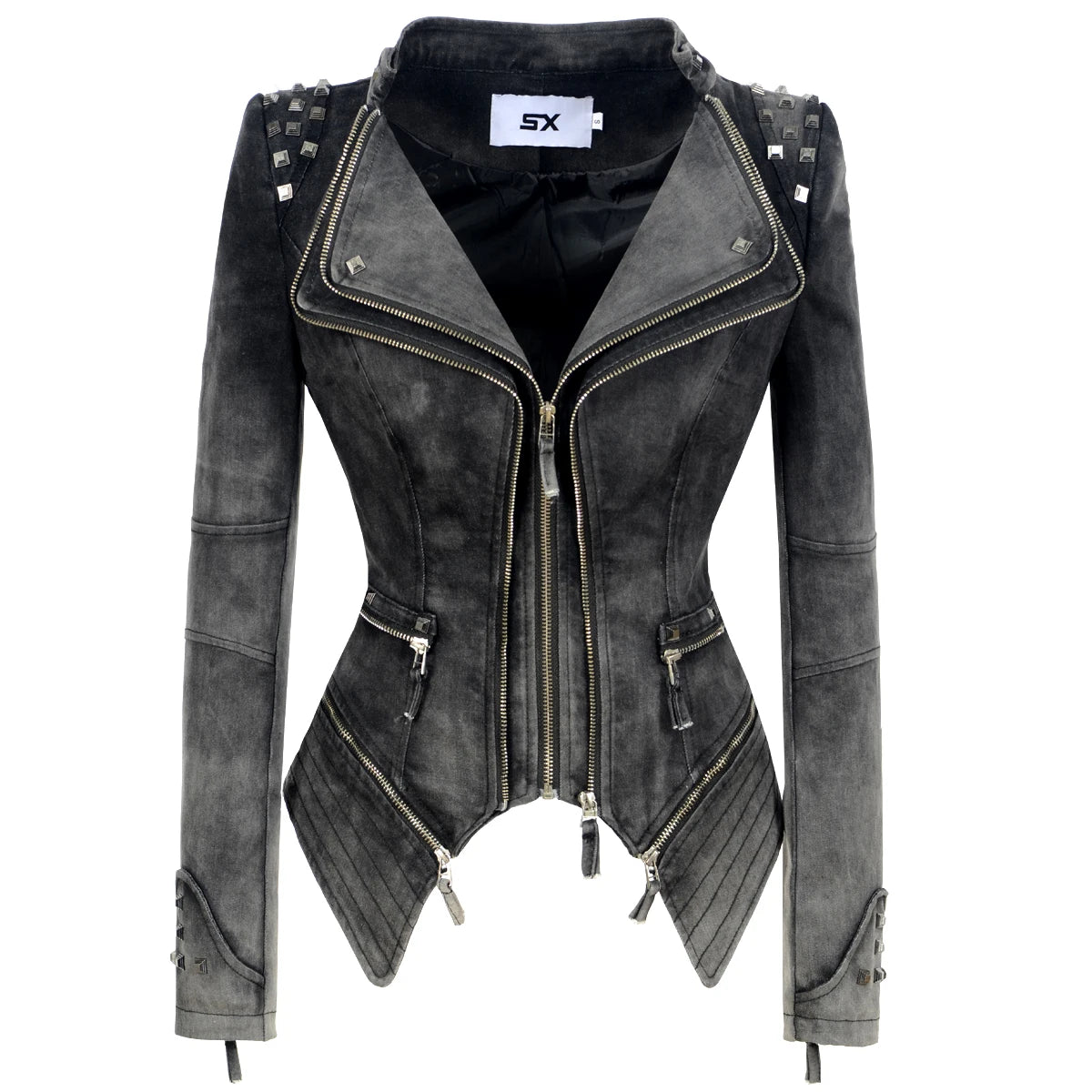 SX Veste Denim Gris Femme Moto Rivets Fermeture Éclair
