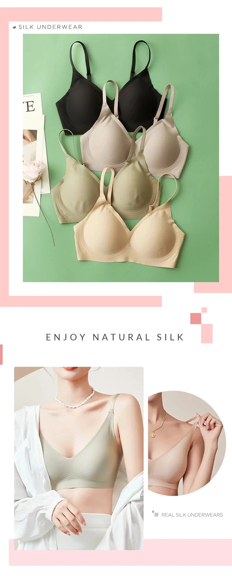 SuyaDream Soutien-Gorge Sans Couture 3/4 Tasses Beige Soie Doublure