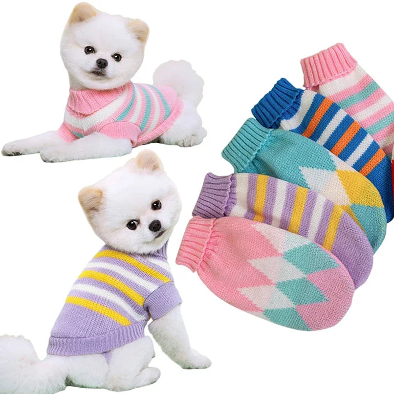 Pull Pour Chien Col Roulé Coton Rayé Multicolore Doux