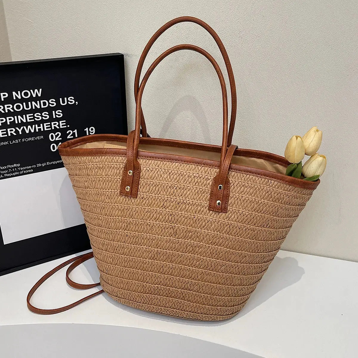 Sac cabas de plage en paille tressée