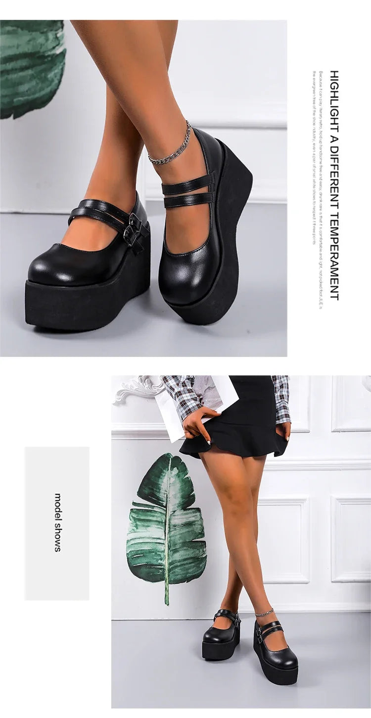 Escarpins Mary Jane Noir Verni À Plateforme Et Talon Compensé