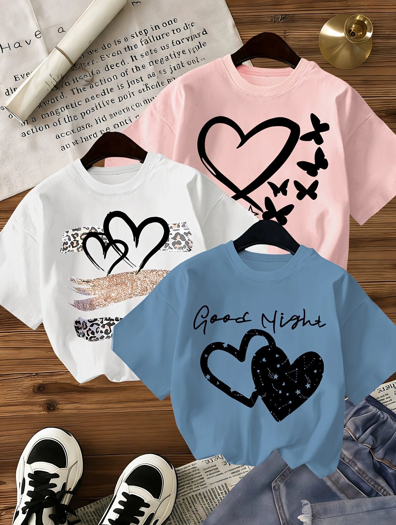 Lot de 3 T Shirts Fille Coeur Imprimé Léopard Noir Rose Blanc