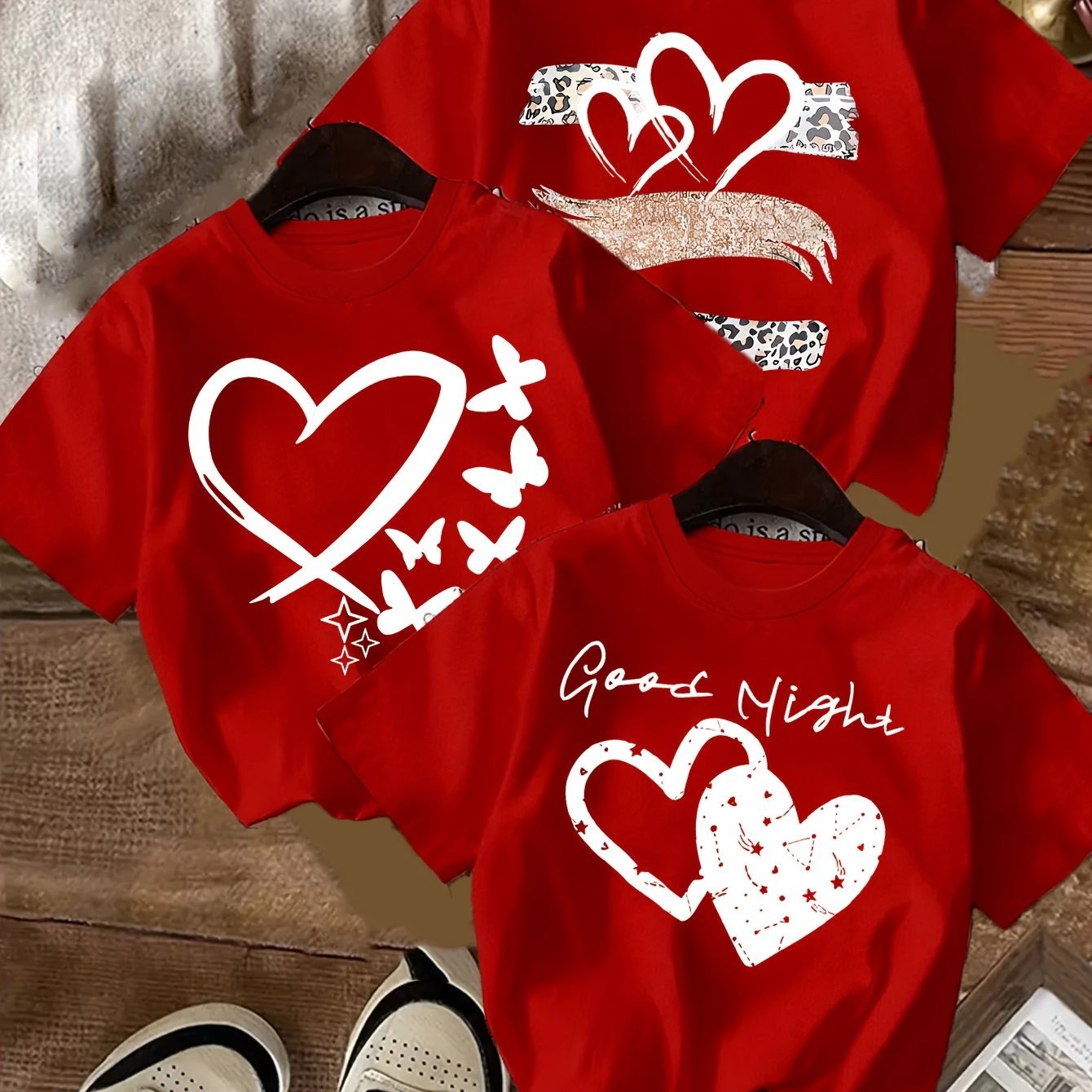 Lot de 3 T Shirts Fille Coeur Imprimé Léopard Noir Rose Blanc