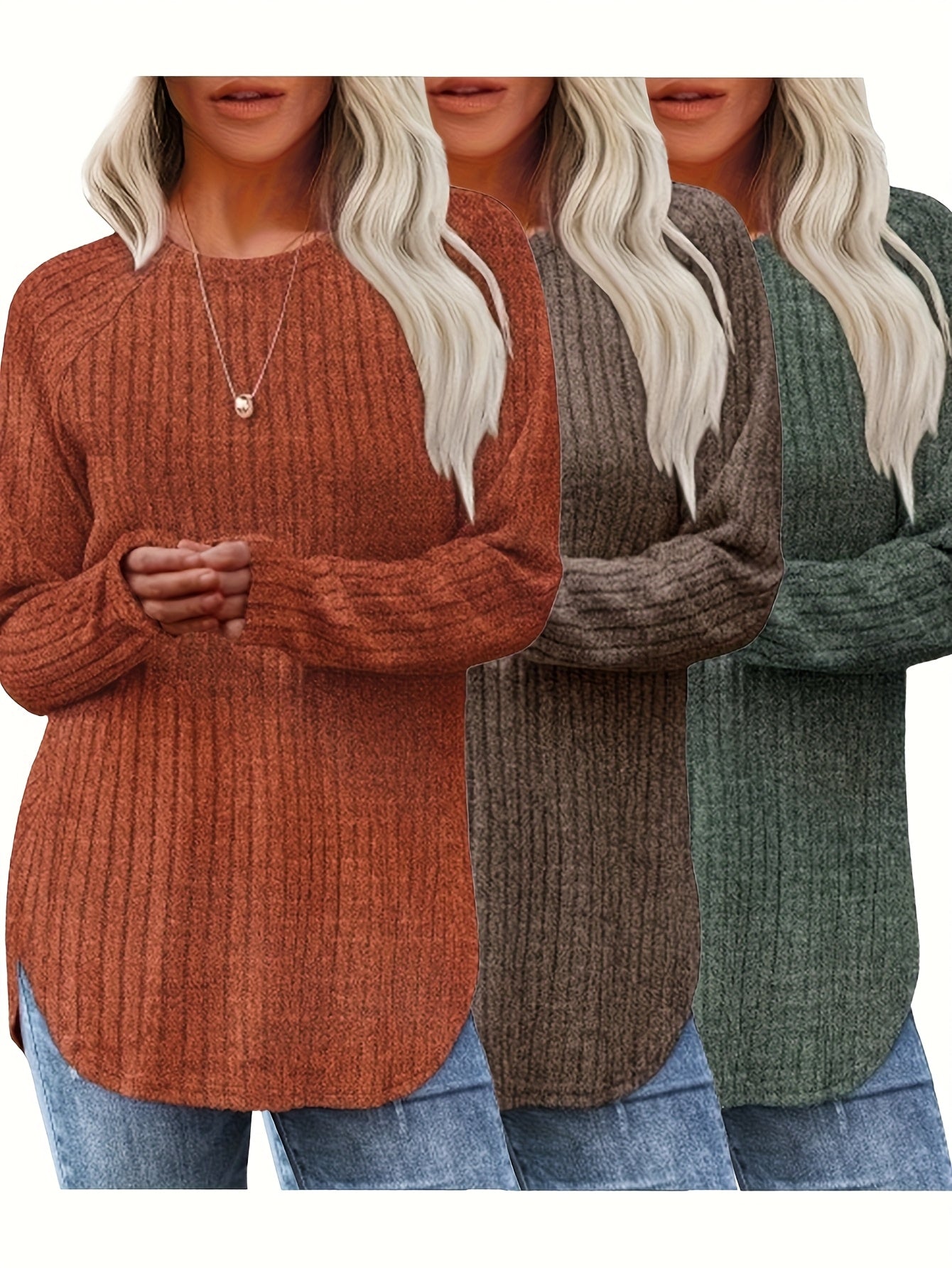 Lot De 3 Pulls Femme Élégants Col Rond Manches Longues Doux Et Légers Minimalistes Pour Le Quotidien by LSDLBoutique.ch