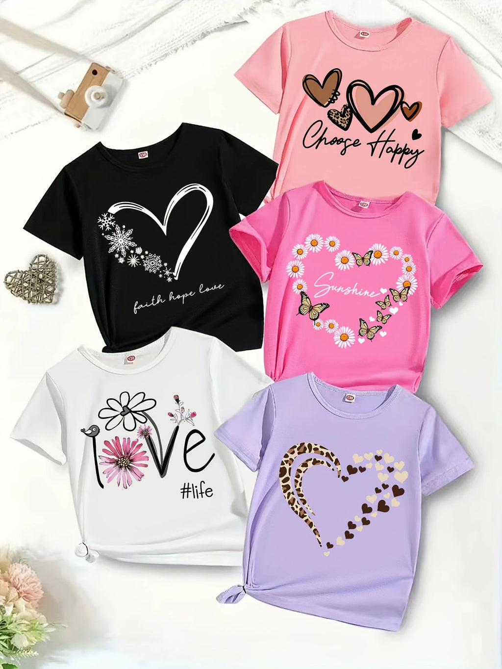 Lot De 5 T-Shirts Fille Cœur Polyester Été Casual Classique