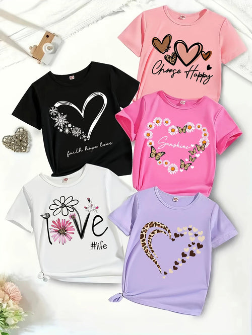 Lot De 5 T-Shirts Fille Cœur Polyester Été Casual Classique