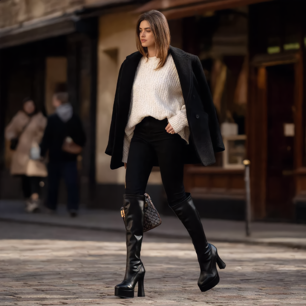 Bottes femme genou haut – Talon carré épais et plateforme