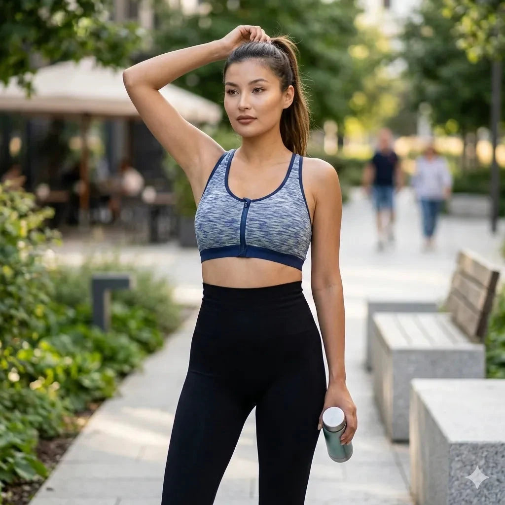 Brassière de sport zippée à maintien fort bleu/gris Heather, bordure bleu marine, LSDLBoutique