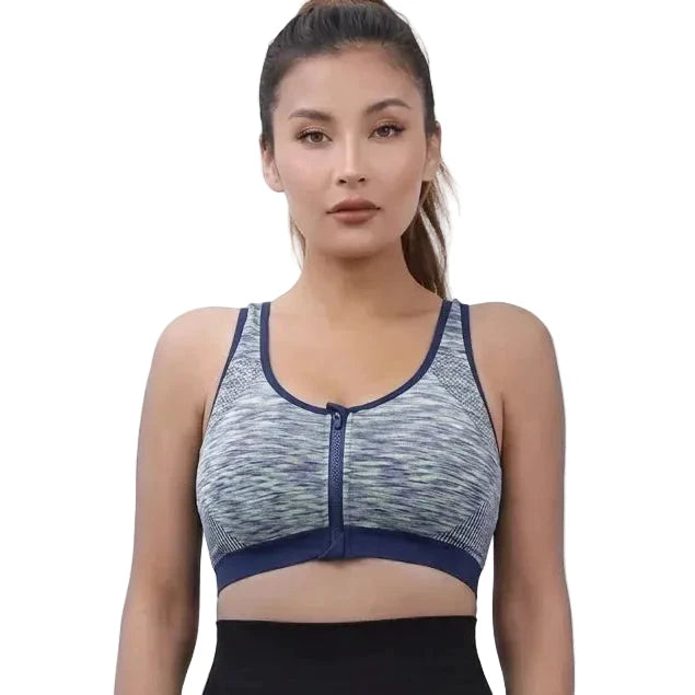 Brassière de sport zippée gris-bleu avec zip frontal et bande élastique bleu marine