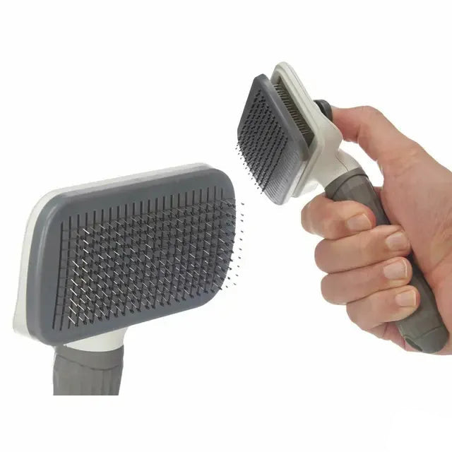 Brosse autonettoyante pour chiens et chats anthracite vue de profil