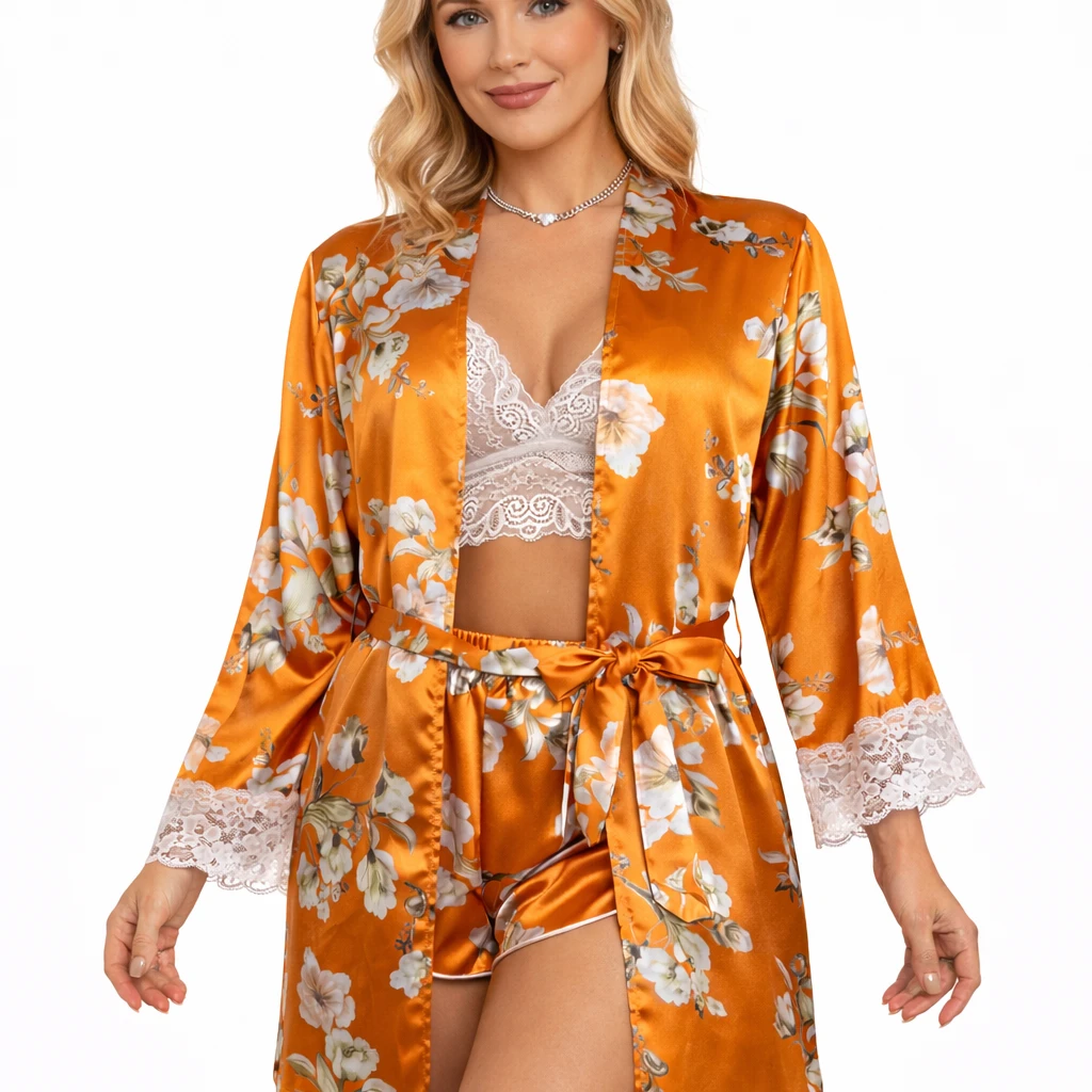 Les Secrets de Léa – Pyjama satin dentelle imprimé floral avec kimono – Laly