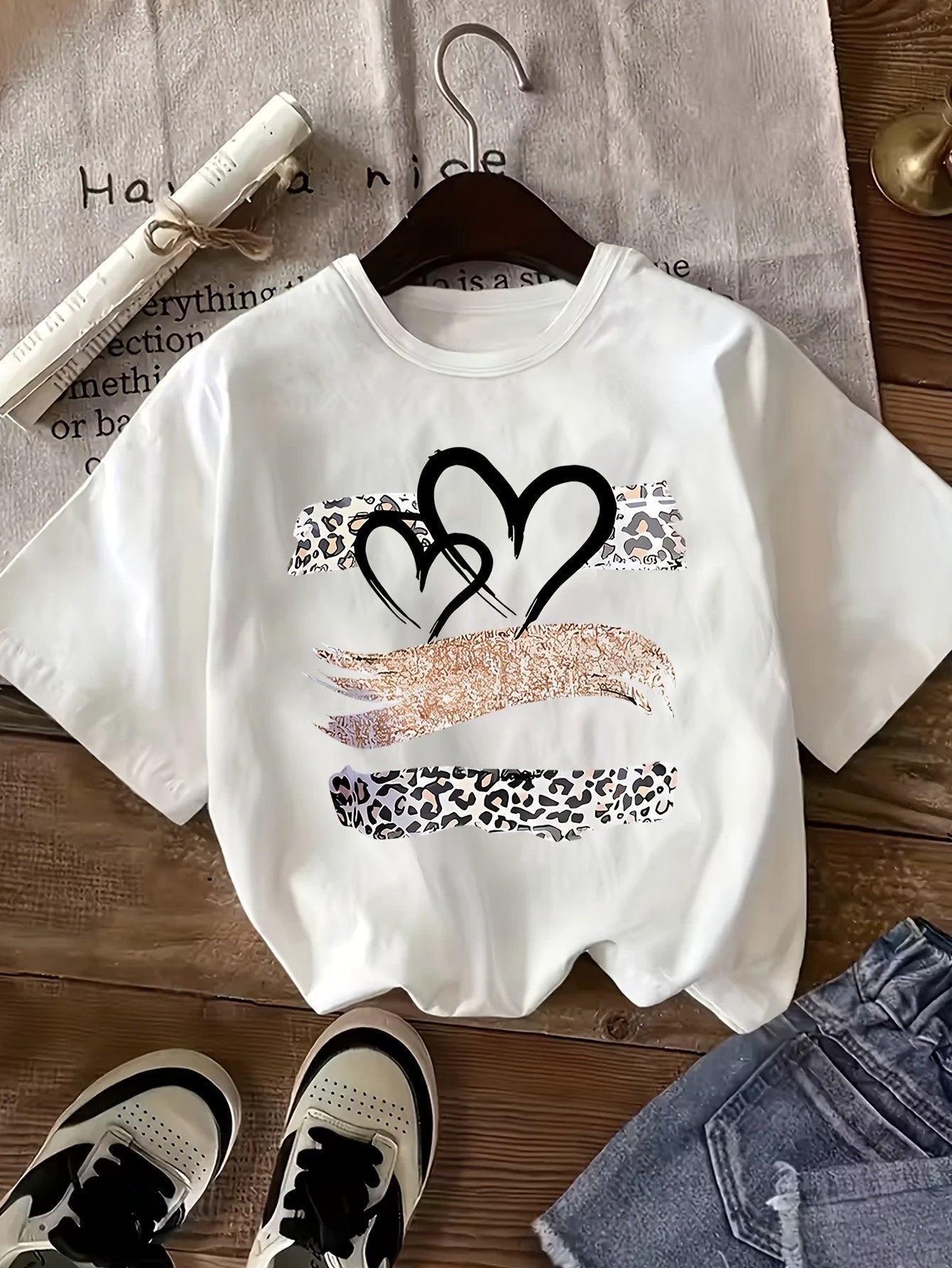 Lot de 3 T Shirts Fille Coeur Imprimé Léopard Noir Rose Blanc