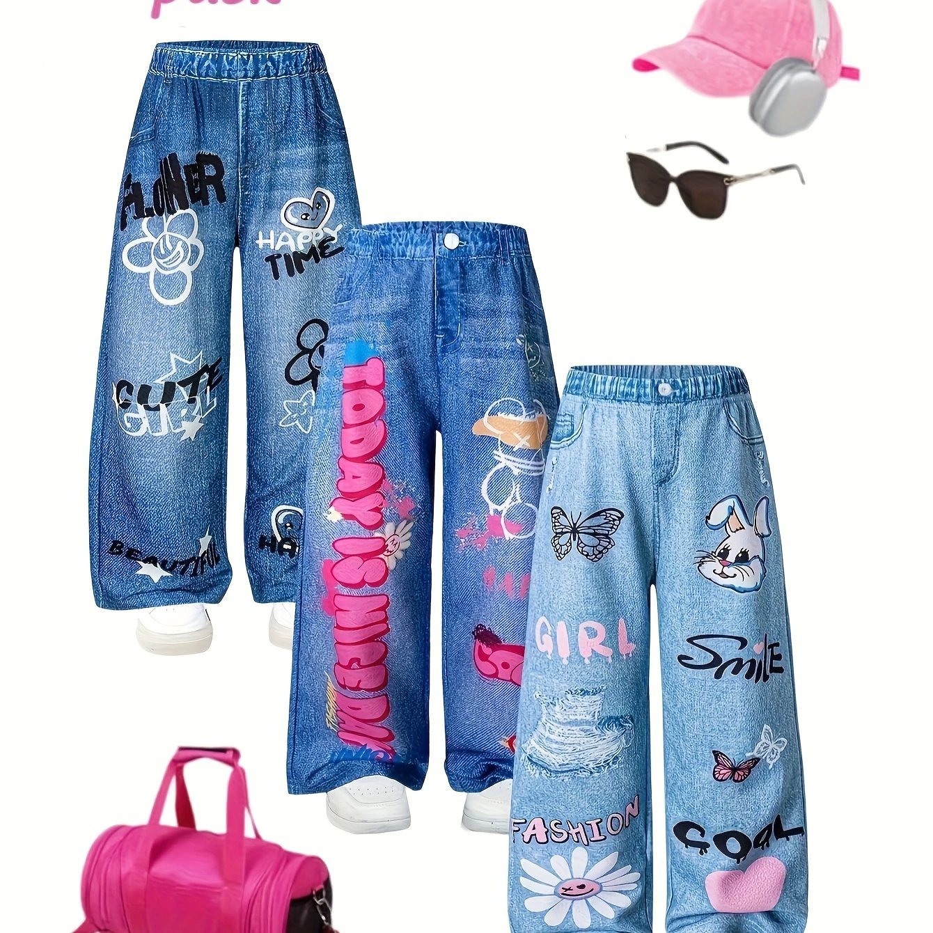 Not Jeans Pantalons Filles Longs Lot de 3 Graffiti Lettres Fleurs