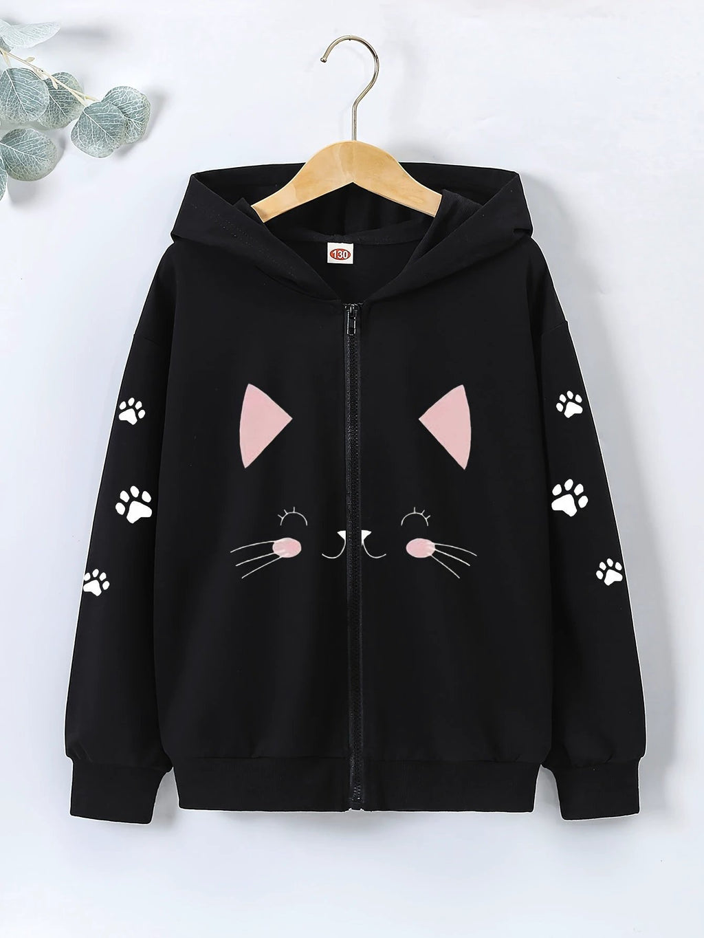 Sweat À Capuche Zip Enfant Noir Avec Visage Chat Et Pattes Sur Manches