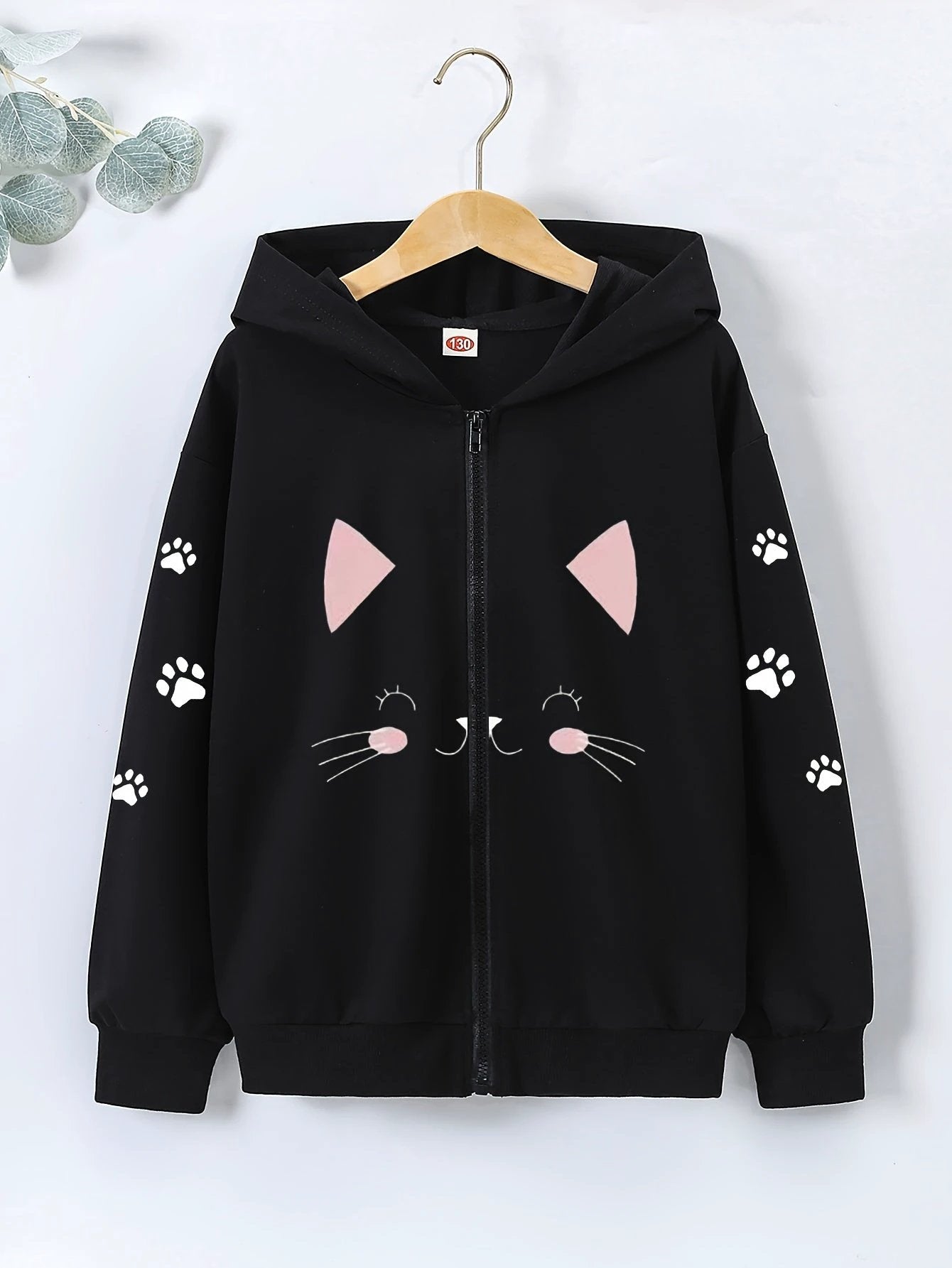 Sweat À Capuche Zip Enfant Noir Avec Visage Chat Et Pattes Sur Manches