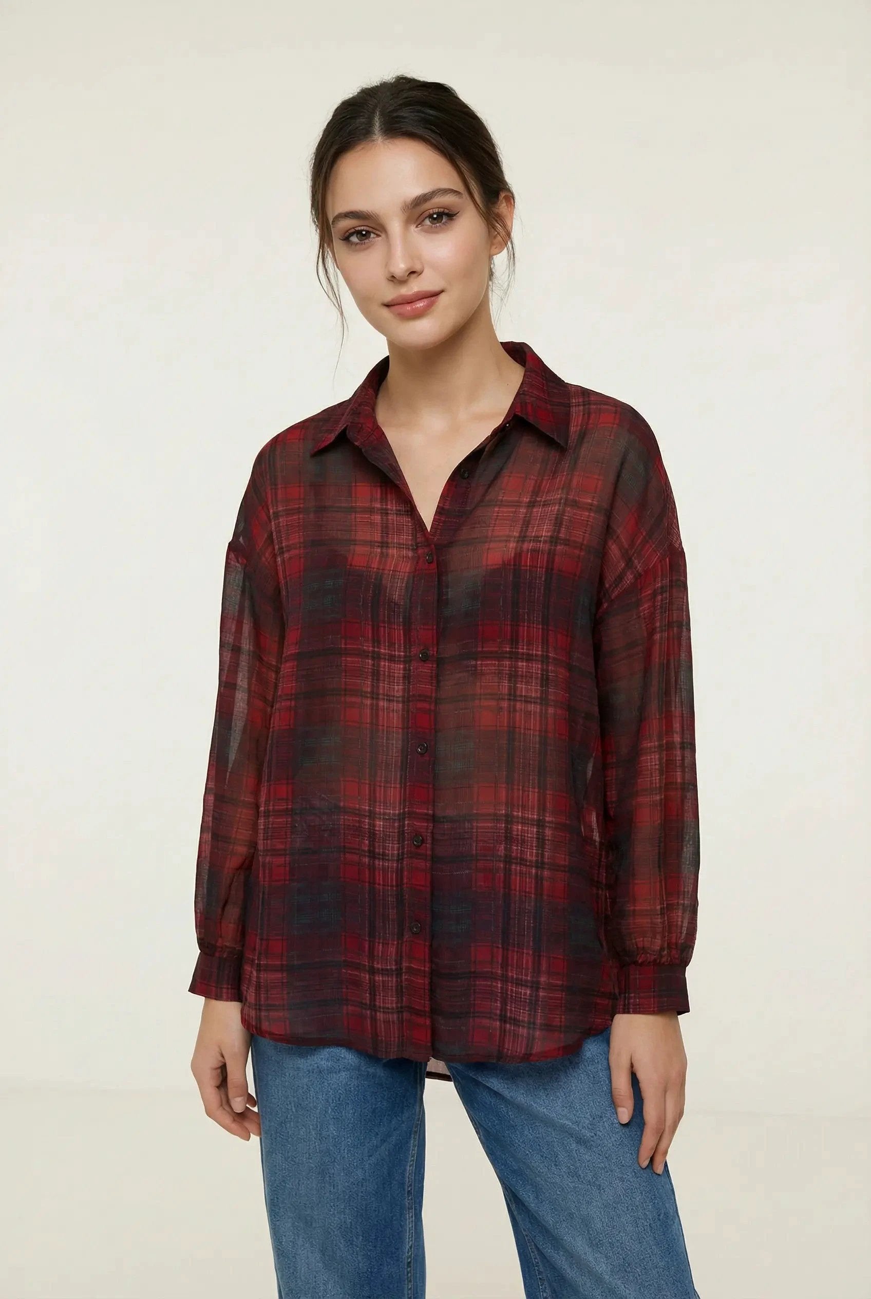 Chemise Protection Solaire À Carreaux Rouge Noir Manches Longues