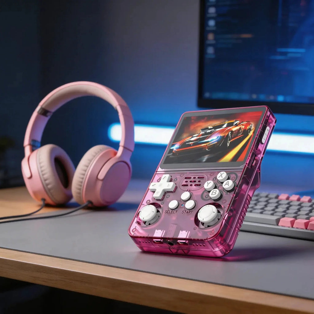 Console portable BOYHOM R36S ARKOS 2.0, coque transparente rose, boutons rétro et écran intégré