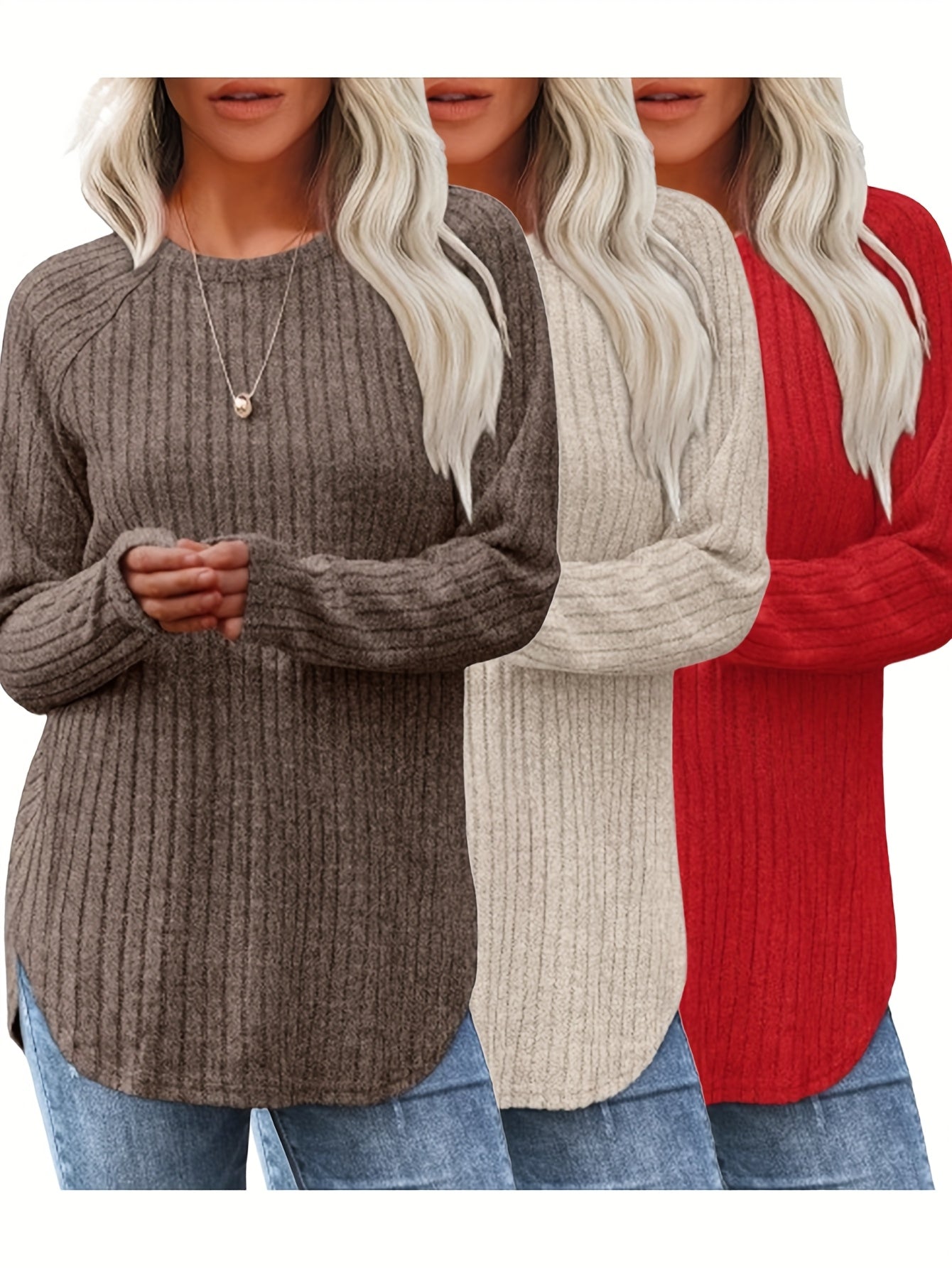 Lot De 3 Pulls Femme Élégants Col Rond Manches Longues Doux Et Légers Minimalistes Pour Le Quotidien by LSDLBoutique.ch