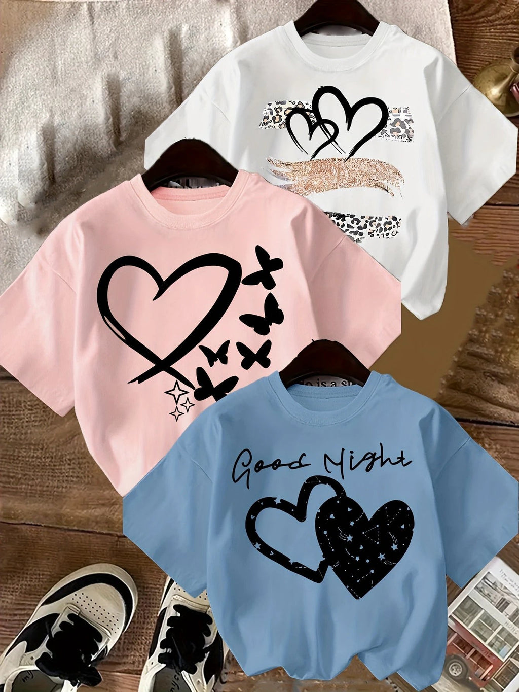 Lot de 3 T Shirts Fille Coeur Imprimé Léopard Noir Rose Blanc