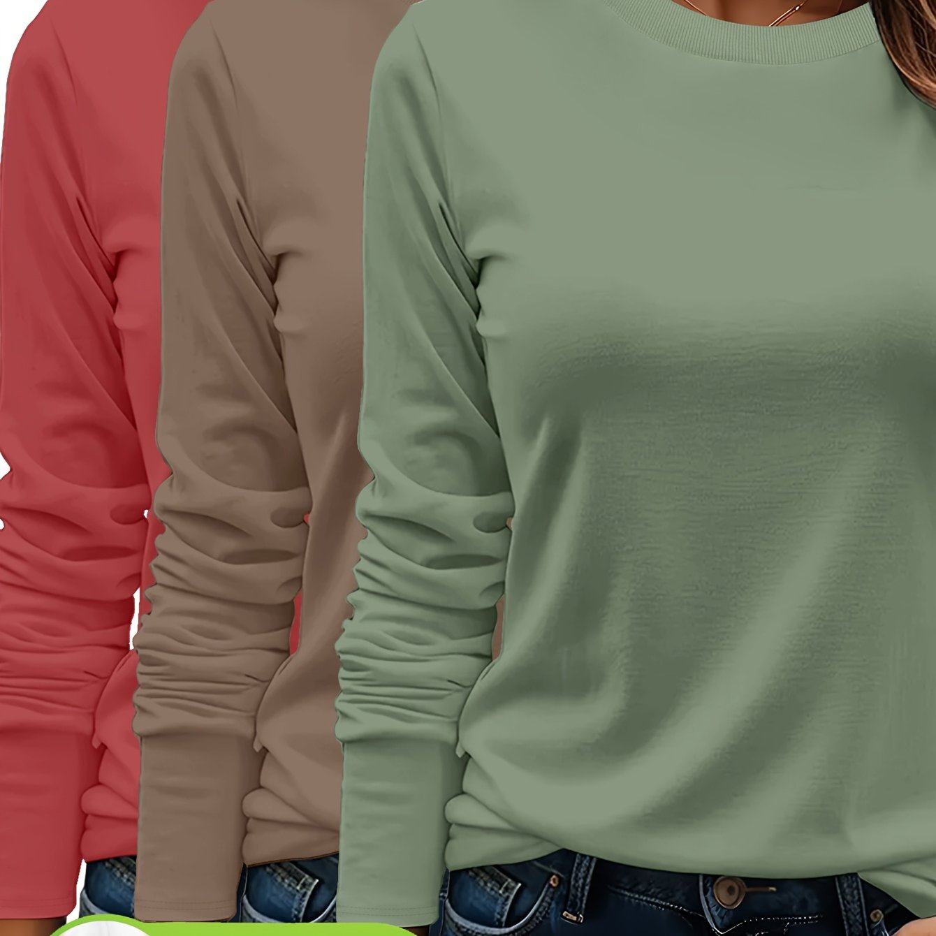 Lot De Trois T Shirts Femme Manches Longues Col Rond Coton 100 Pour Cent Confort Casual Basique by LSDLBoutique.ch