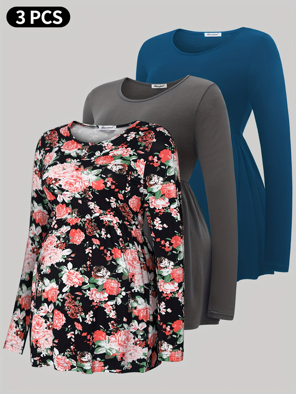 Lot de 3 T Shirts Grossesse Manches Longues Col Rond Tricot Fluide Bearsland Confort et Style by LSDLBoutique.ch