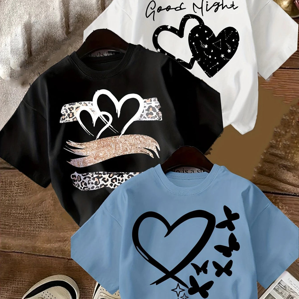 Lot de 3 T Shirts Fille Coeur Imprimé Léopard Noir Rose Blanc