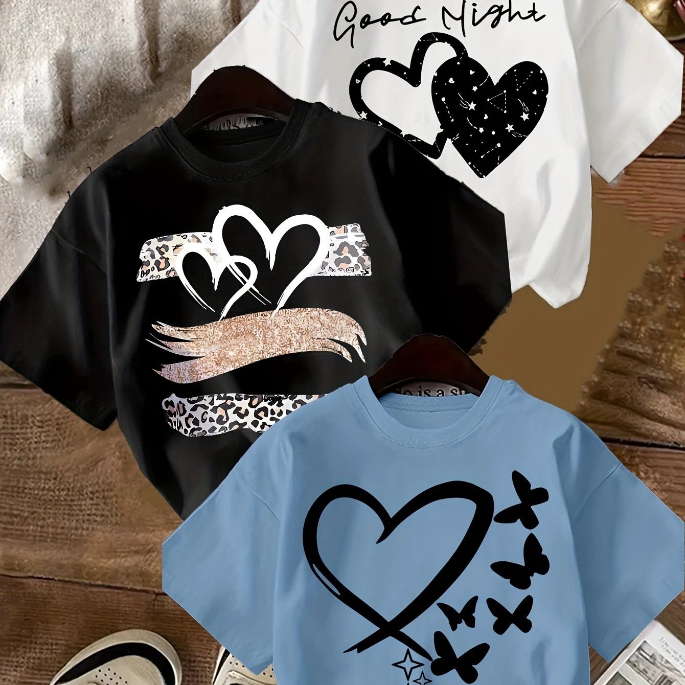 Lot de 3 T Shirts Fille Coeur Imprimé Léopard Noir Rose Blanc