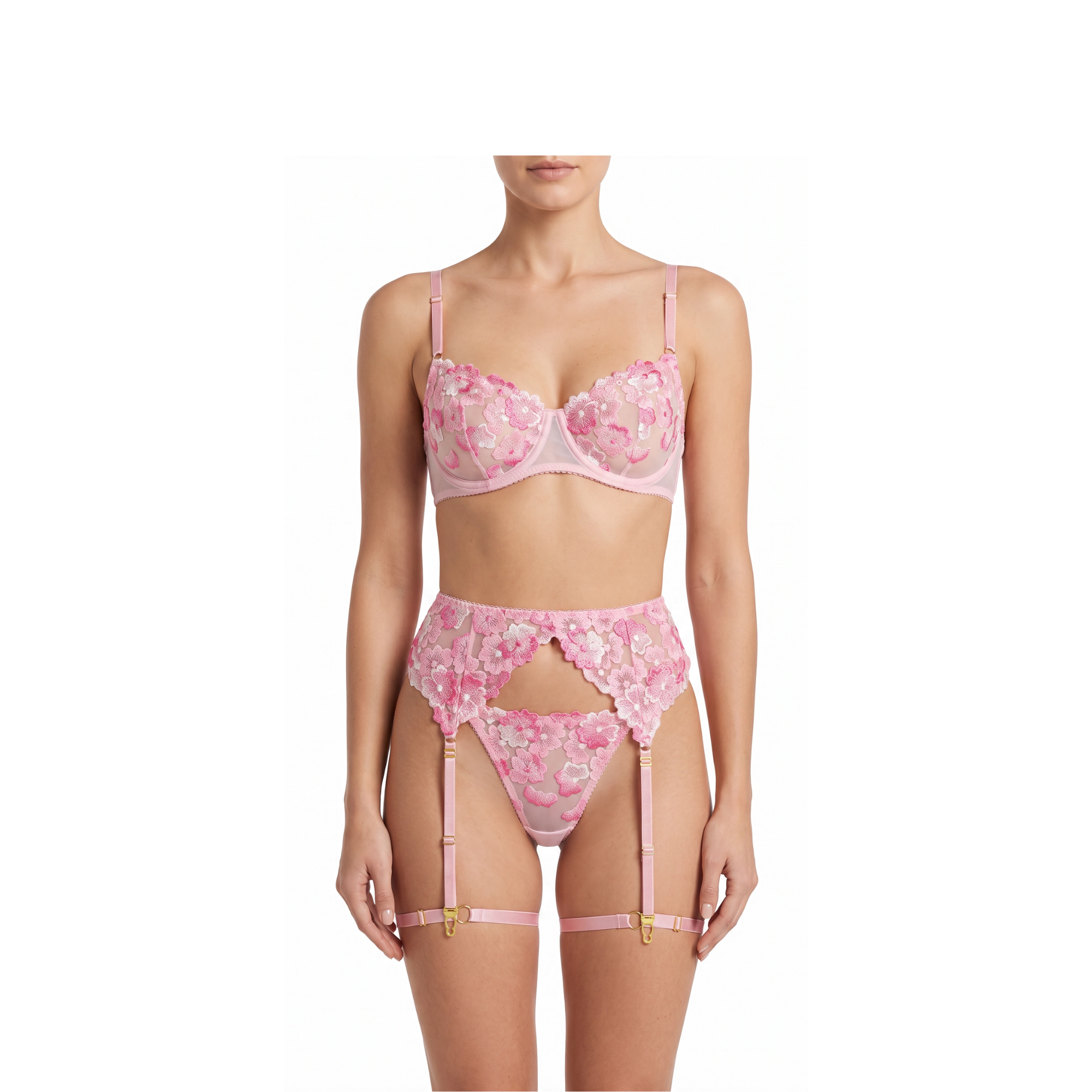 Floral Lace Lingerie Set — Bra, Thong & Garter Belt