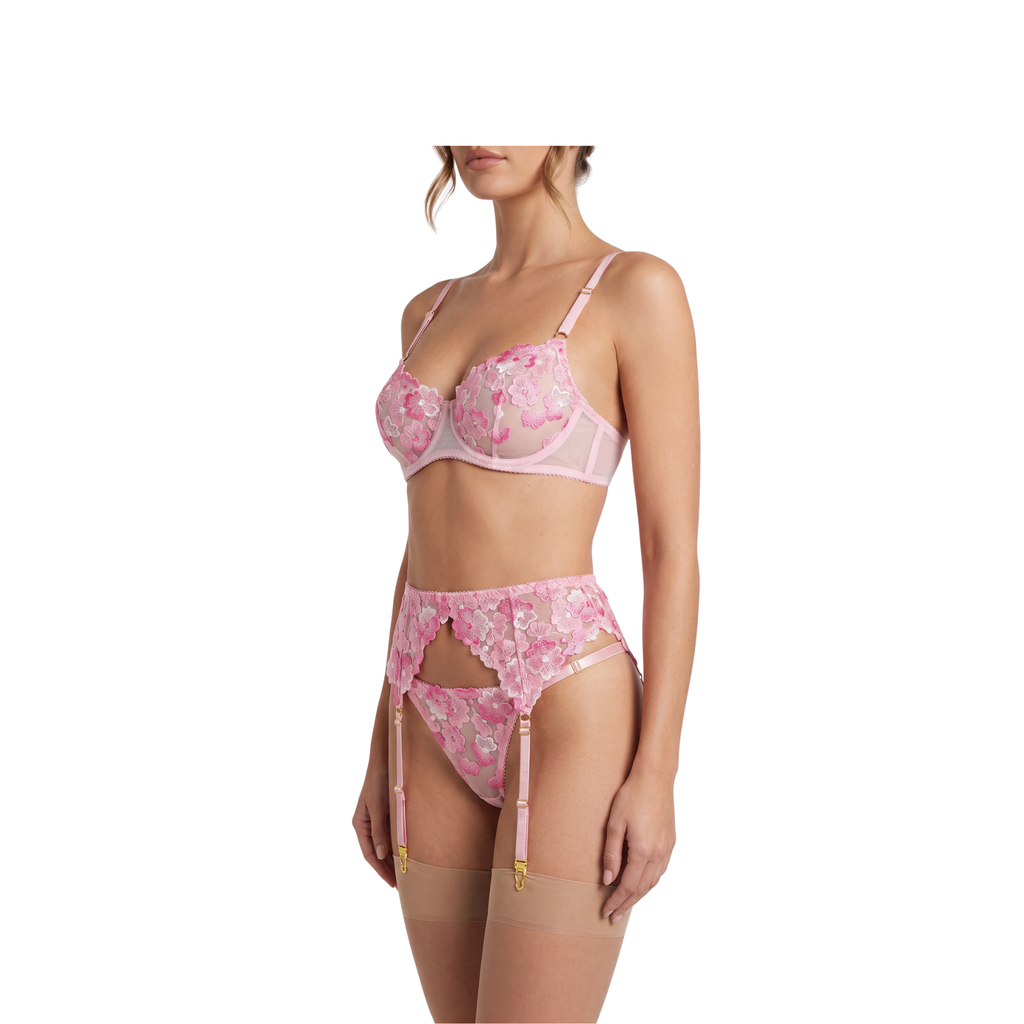 Floral Lace Lingerie Set — Bra, Thong & Garter Belt