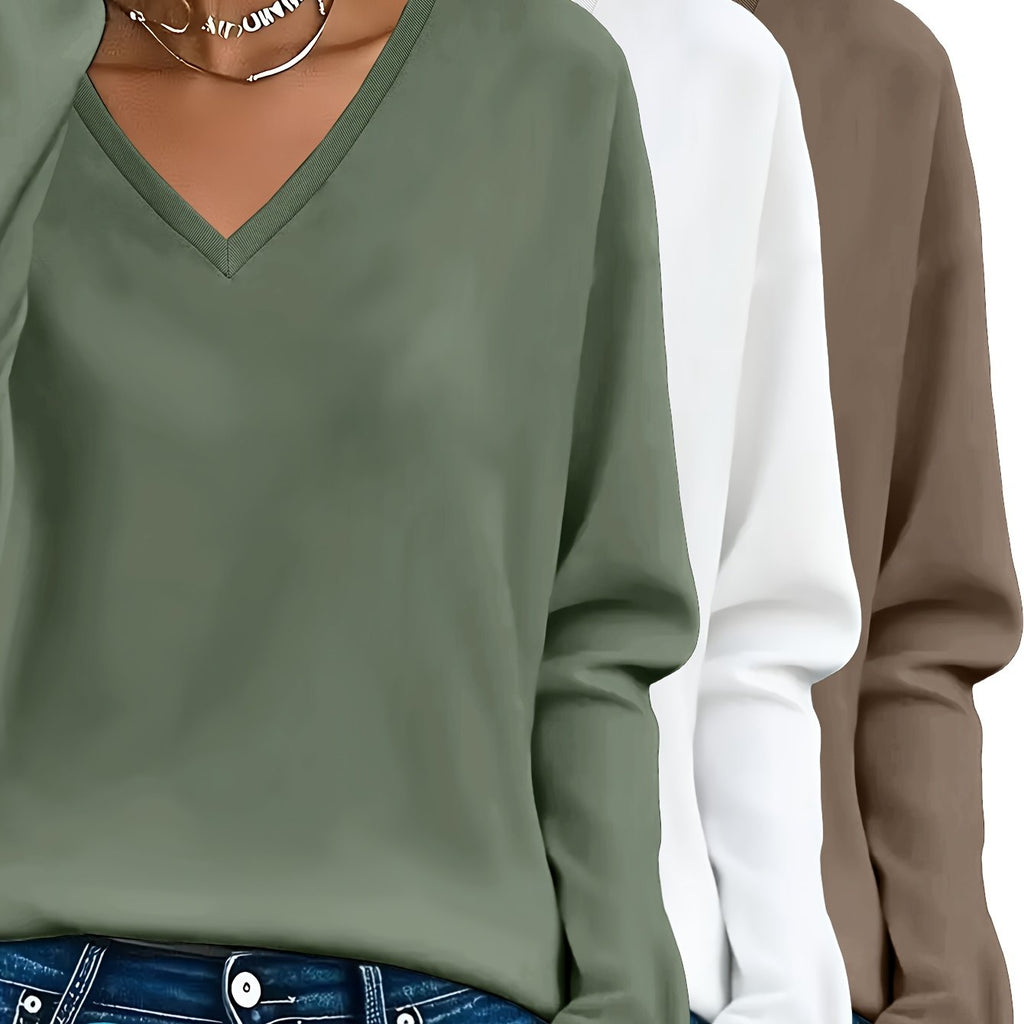 Lot de 3 Pulls Femme Col V Manches Longues 100 Pour Cent Coton Style Casual Élégant by LSDLBoutique.ch