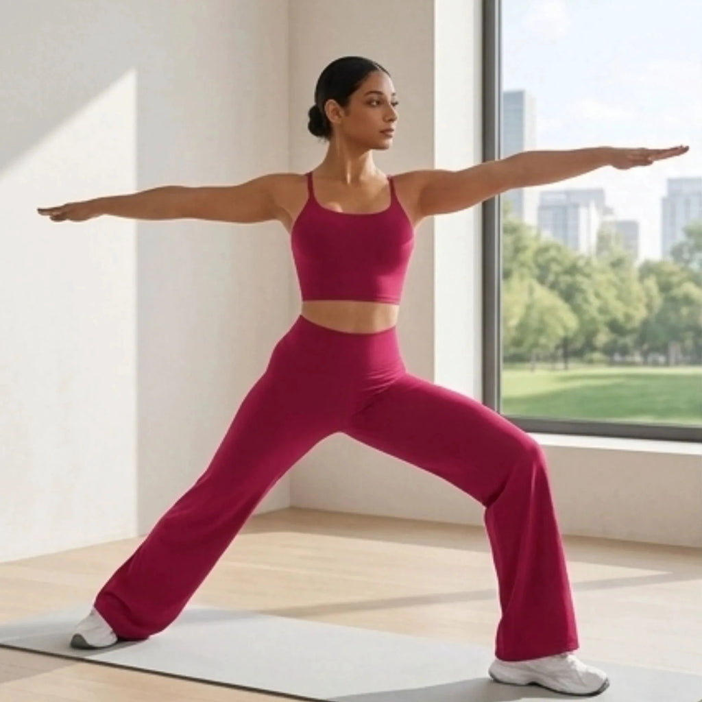 Image en plan moyen d'une femme portant l'ensemble d'entraînement fuchsia. Elle se tient en pose du guerrier II (Virabhadrasana II) sur un tapis de yoga, dans un studio de yoga lumineux. Ses bras sont tendus et son regard est vers l'avant, avec une expression concentrée.