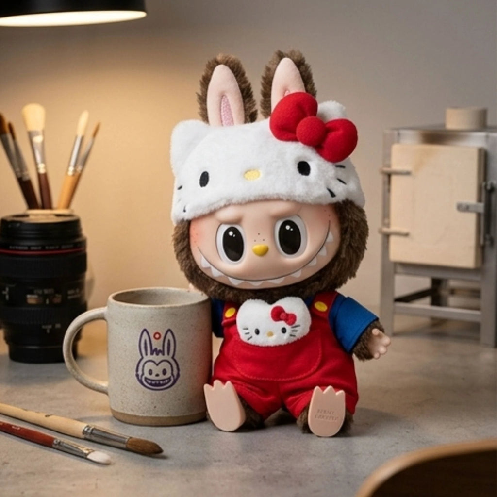 Un plan rapproché de la figurine Labubu the Monsters x Hello Kitty assise sur un bureau à côté d'une tasse à café portant le logo Labubu, montrant les détails de texture.