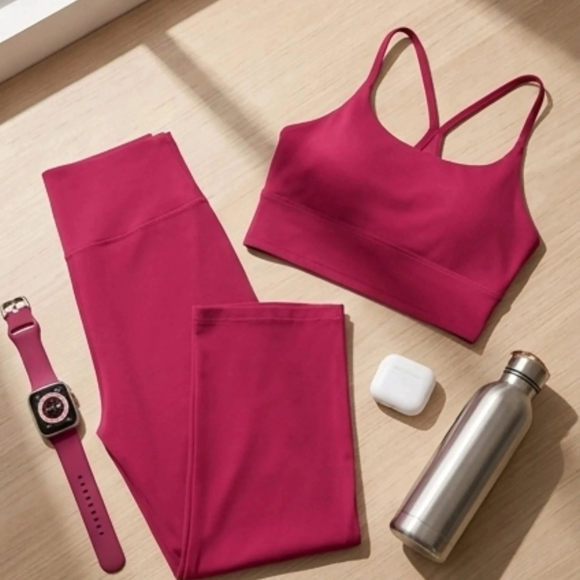 Image de dessus (flat lay) de l'ensemble d'entraînement fuchsia sur un fond texturé. Le haut et le bas sont pliés de manière élégante, avec une montre connectée, des écouteurs et une bouteille d'eau disposés autour d'eux. Le style est minimaliste et propre.