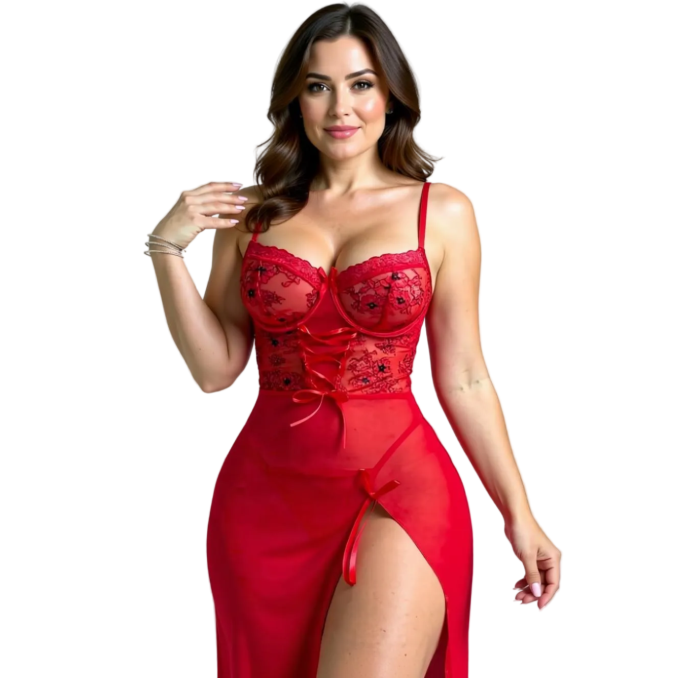 Les Secrets de Léa – Robe de nuit en satin et dentelle rouge – Dahlia