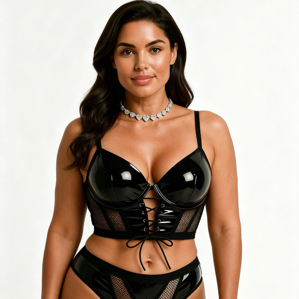 Tornova Lingerie Black Patchwork PU Lace-Up Bustier and Panties