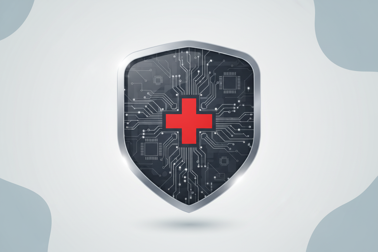 Illustration d’un bouclier stylisé avec la croix suisse rouge #E10600 au centre, entouré de circuits ou éléments digitaux gris #222222.
Fond #FAFAFA, reflets blancs #FFFFFF, contours doux #98A2B3.
Représente la rigueur, la sécurité et la fiabilité suisse.