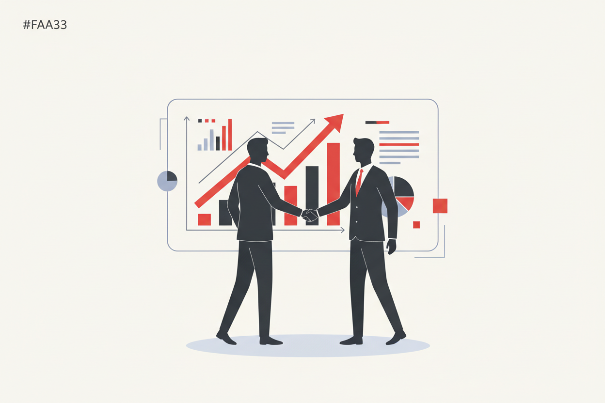 Illustration de deux personnages se serrant la main devant un grand écran avec des données et graphiques abstraits.
Fond #FAFAFA, silhouettes en #333333, éléments de croissance rouges #E10600, ombres légères #98A2B3.
Style professionnel, équilibré, symbolisant la collaboration et la performance.