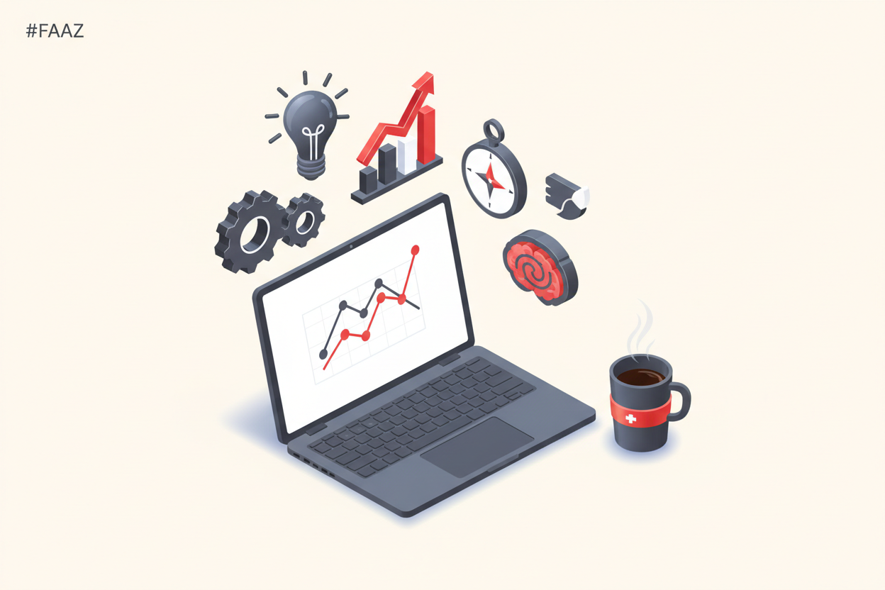 Illustration vectorielle 3D semi-isométrique d’un bureau digital moderne, avec un ordinateur portable, une tasse de café et des icônes flottantes symbolisant la stratégie et la créativité.
Utiliser un fond clair #FAFAFA, des éléments en gris anthracite #222222, accents en rouge suisse #E10600, ombres légères en bleu gris #98A2B3, et reflets en blanc #FFFFFF.
Style moderne, épuré et professionnel, évoquant la précision suisse et la réflexion stratégique.