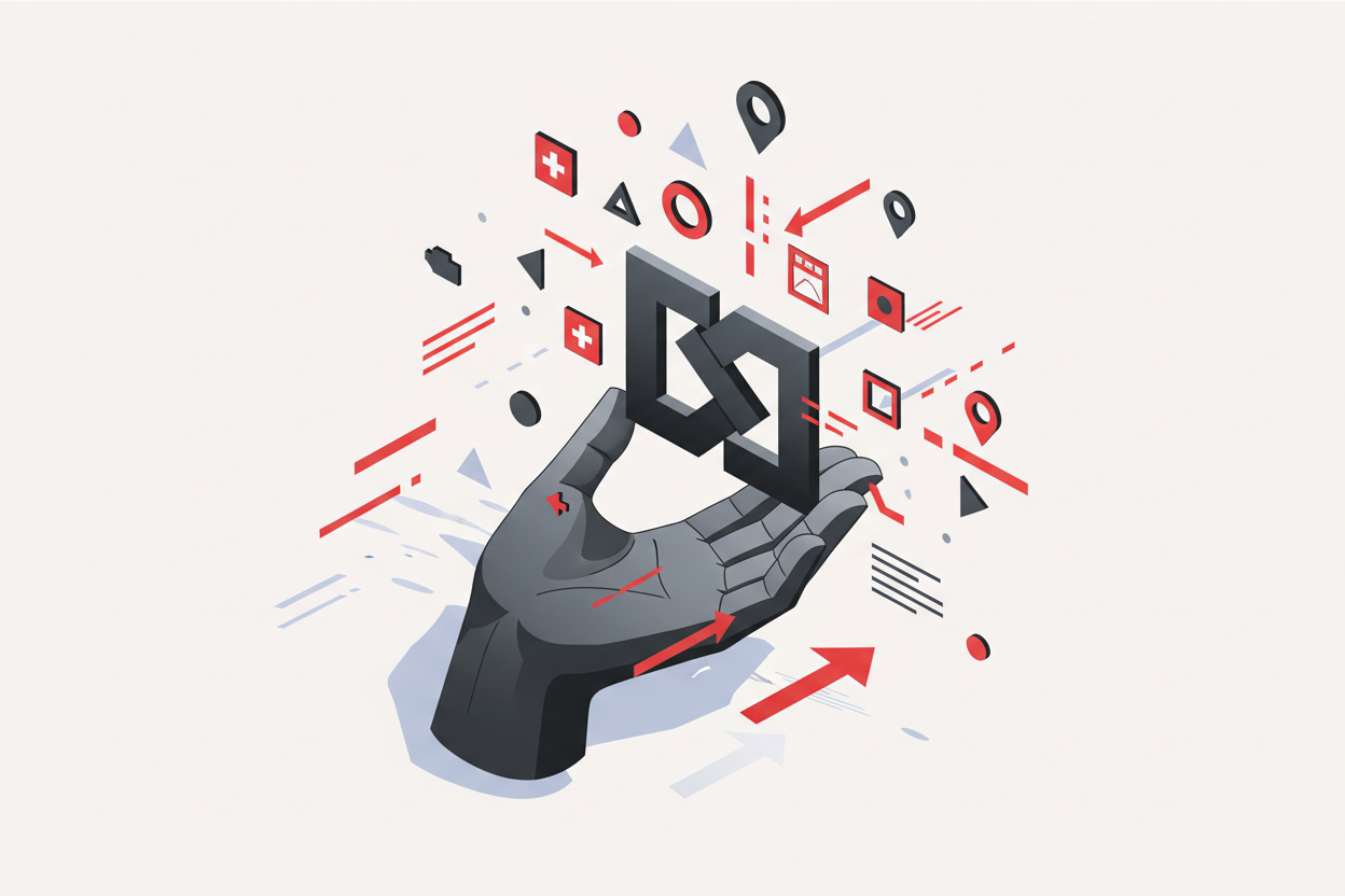 Illustration vectorielle 3D semi-isométrique représentant une main stylisée tenant un logo en construction, avec des formes géométriques abstraites (carrés, cercles, flèches, repères) flottant autour pour symboliser la stratégie, la création de marque et l’identité visuelle.

Couleurs à respecter :

Fond clair : #FAFAFA

Éléments principaux (formes, main) : gris anthracite #222222 et noir doux #333333

Accents et éléments dynamiques : rouge suisse #E10600

Ombres légères et reflets : bleu gris #98A2B3 et bl